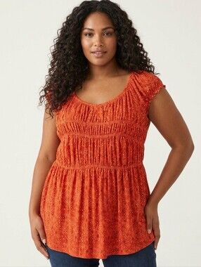Penningtons Rust Orange Smocked Peasant Top, geometric Boho Peplum Top. Size 1X